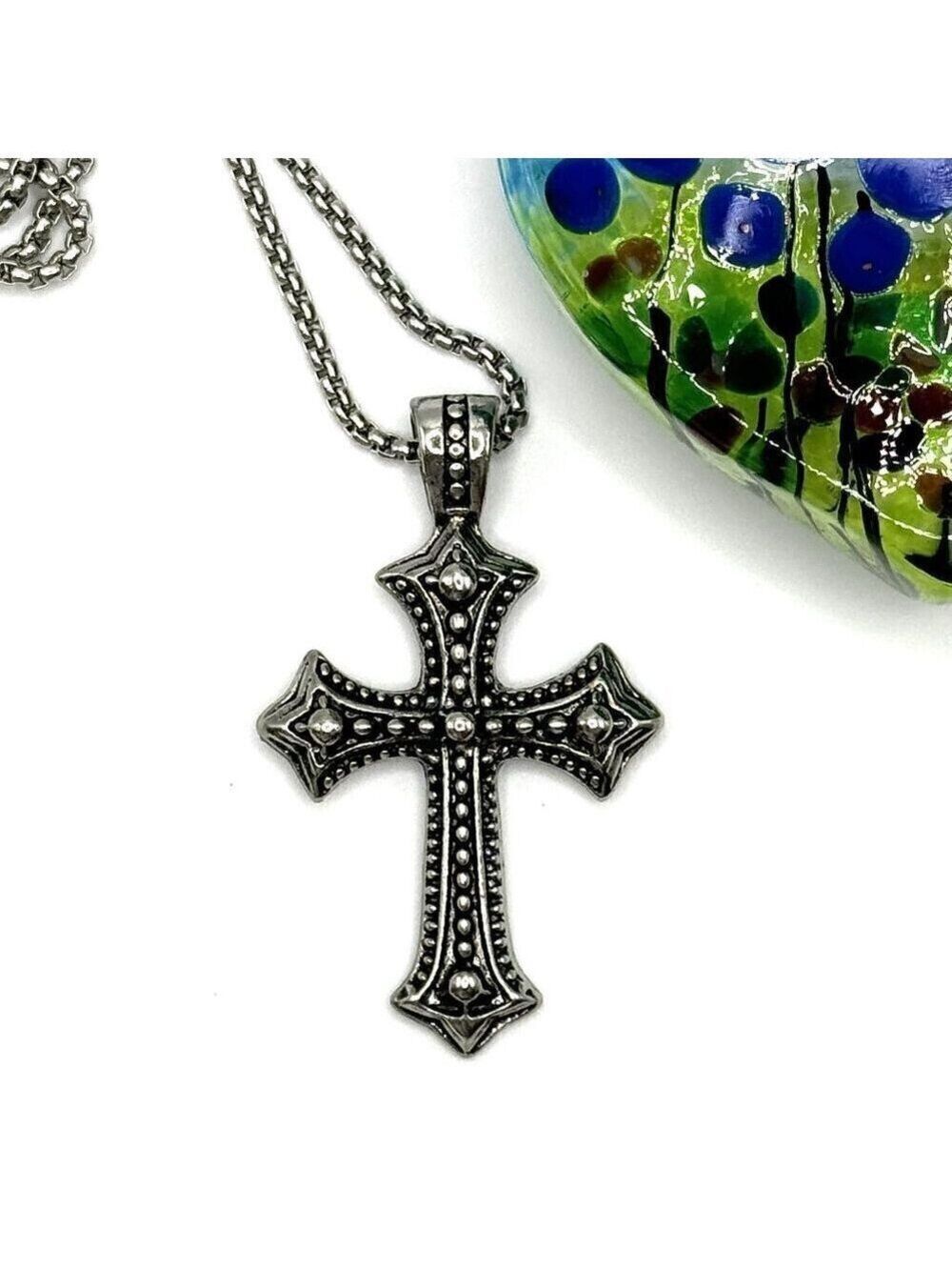 Silver Tone St. Michael's Cross Heavy Pendant and Necklace #1433 - Picture 6 of 6